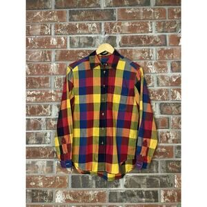 VTG Lizsport Long Sleeve Button Up Colorful Buffalo Plaid Primary Colors Small P